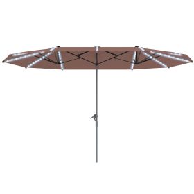 Outsunny 15ft Double-Sided Outdoor Umbrella with Solar Lights, UPF50+ Extra Large Aluminum Patio Umbrella with Crank, Tan