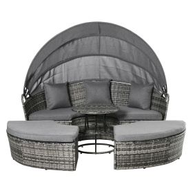 Outsunny 4 Pieces Patio PE Wicker Lounge Set, Rattan Garden Conversation Furniture Set, Round Sofa Bed with Canopy, Cushioned, Coffee Table, Grey