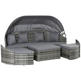 Outsunny Backyard Rattan Woven 4pc Canopied Daybed Sofa Lounger Set Cushions Pillows Light Grey