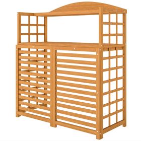 Outsunny Outdoor Air Conditioner Fence Privacy Screen, Wood AC Fence Potting Table with Shelves for Patio, Light Brown