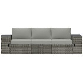 Outsunny 3 Seater Wicker Outdoor Couch Patio Sofa with Storage, Thickened Cushions and Wide Armrests for Porch Yard, Gray