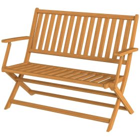 Outsunny 2-Person Foldable Wood Outdoor Bench with Backrest and Armrests for Garden, Porch, Park, Balcony, Teak