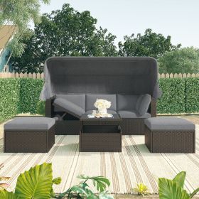 U_Style Outdoor Patio Rectangle Daybed with Retractable Canopy, Wicker Furniture Sectional Seating with Washable Cushions, Backyard