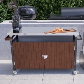Outdoor Grill Cart With Stainless Steel Tabletop, Storage, Patio Kitchen Island With Wheels, Hooks, And Spice Rack, Waterproof Outdoor Grill Tabl (Color: Brown)