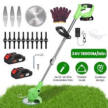 24V 300W Cordless Grass Trimmer Rechargeable Lawn Mower 18000M Min Weed Cutter With Saw Blade 2 Stainless Steel Blades 10 Plastic Blades 2 Rechar (Color: Green)