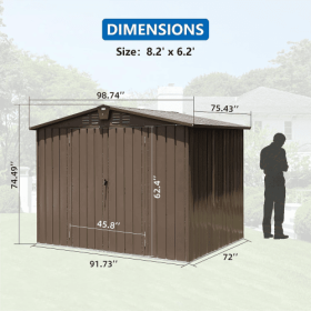Outdoor Storage Shed 8.2' X 6.2', Metal Steel Utility Tool Shed Storage House With Double Lockable Doors &Air Vents For Backyard Patio Garden Law (Color: Brown)